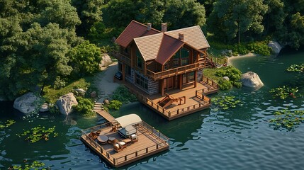 Lakeside Cabin in Isometric 3D Design