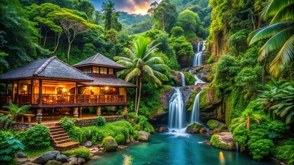 Obraz premium MysticalJungledBeachHideaway: Secluded resort nestled amidst lush foliage, with hidden waterfalls and exotic wildlife.