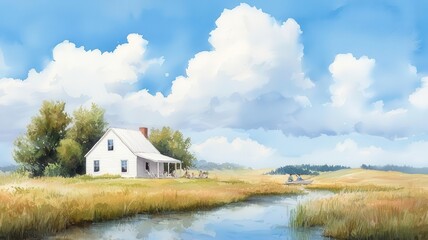 A serene countryside retreat where a family enjoys fishing and boating on a tranquil Labor Day weekend. Watercolor