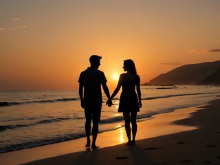 Silhouette photo of a couple together with a beautiful beach view as the sunset 