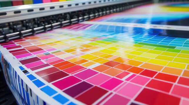 Color Management. Digital Printer Printing Color Patches for Active Advertising Campaign