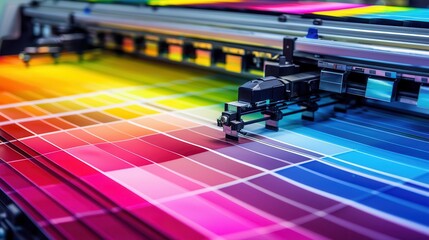 Color Management. Digital Printer Printing Color Patches for Large Print Vertical Advertisement