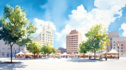 Obraz premium A bustling city square with families enjoying a Labor Day market, filled with food stalls, crafts, and live music. Watercolor