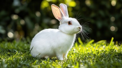 Fototapeta premium White Rabbit in a Lush Green Meadow