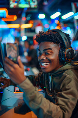 Fototapeta premium A young black man playing video games while wearing headphones and smiling.