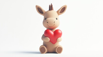 Fototapeta premium Cute Cartoon Donkey Holding Red Heart on White Background in Minimalist Style