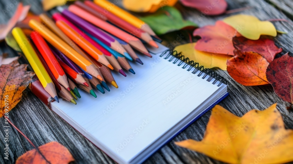 Aufkleber a collection of vibrant crayons rests beside a blank notebook, both nestled among colorful autumn le