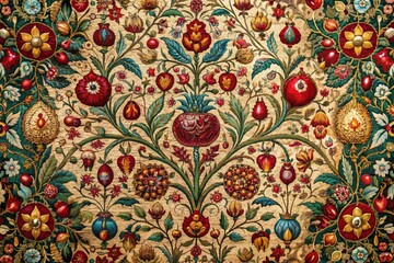 Opulent Tapestry: Intricate patterns, rich colors, pomegranate motifs