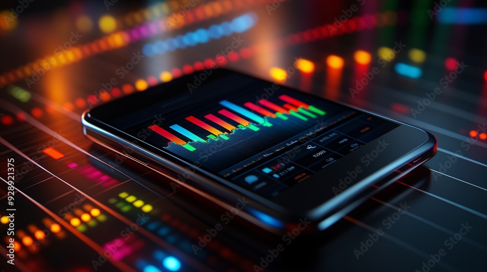 Poster A detailed shot of a financial app showing the growth of investments over time with colorful charts and graphs Stock Photo with copy space