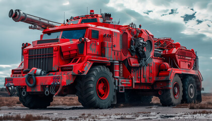 Big surreal red fire truck enormous truck, transform
