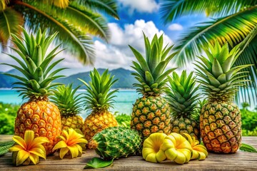 Fototapeta premium Pineapple Paradise: Tropical, vibrant, yellow and green shades, fruity scents