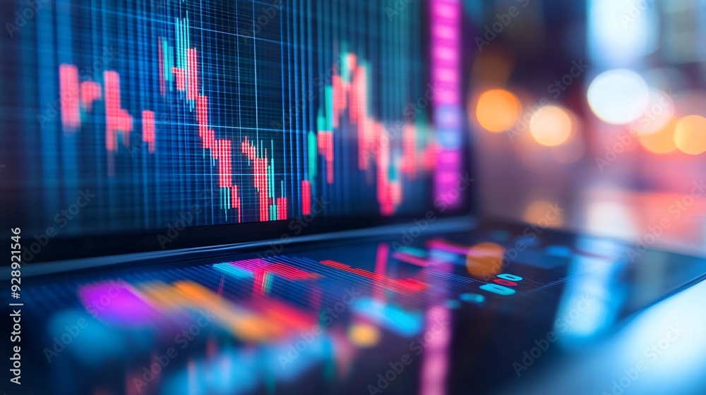 Poster A detailed shot of a financial app showing the growth of investments over time with colorful charts and graphs Stock Photo with copy space
