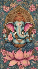 Fototapeta premium Vibrant Madhubani Ganesha: Colorful Indian Folk Art on Textured Background. Elephant Deity Surrounded by Pink Flowers, Sitting on Lotus Petals. Traditional Textile-Inspired Design for Luxury Scarves, 