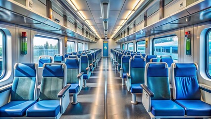 Obraz premium Empty train car with rows of seats and hand sanitizing stations, a reminder of the pandemic's impact on public transportation and daily commutes.