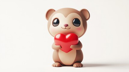 Naklejka premium Adorable Cartoon Animal Holding a Heart with Sweet Expression on White Background