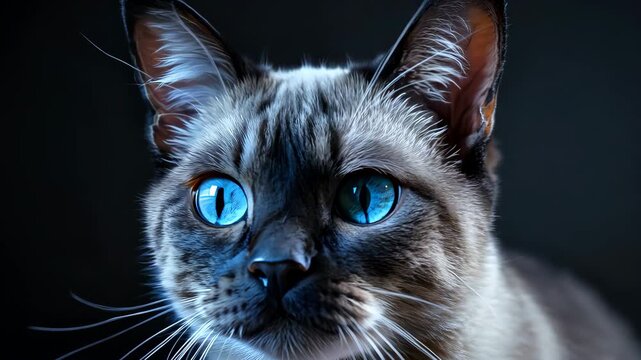 Beautiful blue-eyed cat slowly closing eyes on black background