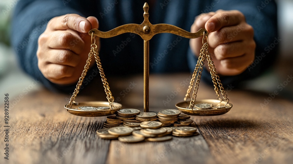 Poster a conceptual image showing a person balancing their credit score and financial health using scales o