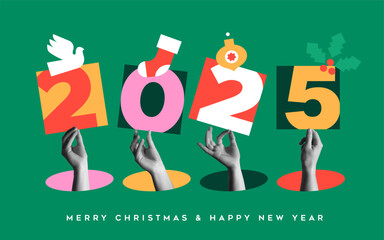Christmas and New Year 2025 human hands in retro collage vector illustration