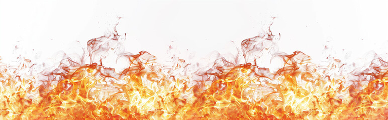 Realistic firing & burning bottom border with smoke, flame isolated on white background. heat waves.