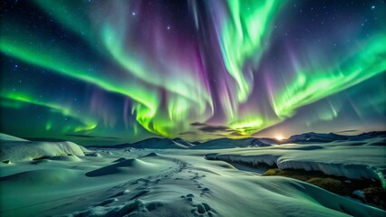 Ethereal curtains of green and purple aurora borealis undulate across a dark, misty night sky, casting an otherworldly glow on a snow-covered, barren landscape.