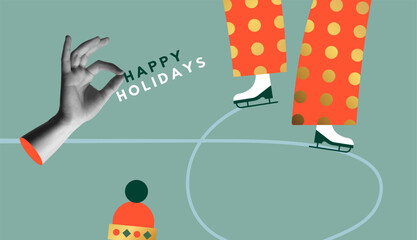 Happy holidays ice skating and human hand in collage vector illustration
