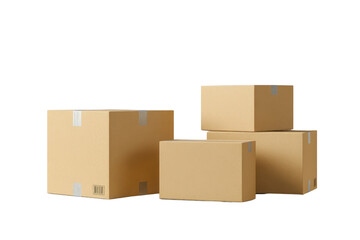 Four cardboard boxes stacked together, ready for shipping, packaging or moving services on a plain transparent background.