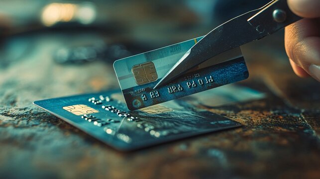 A person cutting up an old credit card with scissors symbolizing a commitment to financial health and debt reduction Stock Photo with copy space