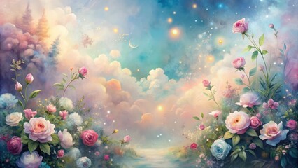 Obraz premium Ethereal watercolor background featuring soft, blended gradient hues and organic textures, evoking a sense of whimsy and romantic elegance, perfect for design and digital art.