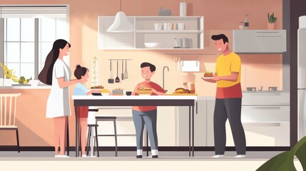 Fototapeta premium A family shares a joyful meal in a bright kitchen, showcasing togetherness and happiness