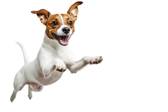 Happy Jack Russell Terrier dog jumping in mid-air, isolated on a transparent background. showcasing playful energy and joy.