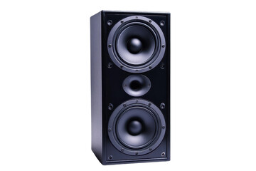Obraz premium High-quality black audio speaker with dual woofers and a tweeter for immersive sound. Perfect for home theater or professional audio setups.