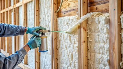 Expanding foam insulation being sprayed from a can into a wall cavity, filling gaps and providing energy-efficient thermal insulation in a residential construction project.