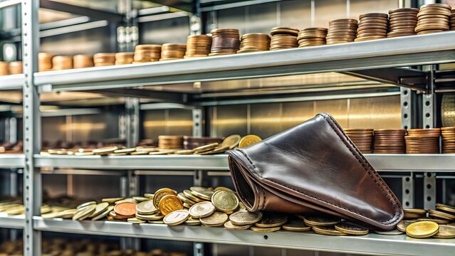 Exorbitant prices displayed on a store shelf, with an overweight wallet and a few scattered coins, highlighting the burden of inflated costs.