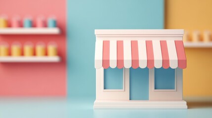 A charming miniature shop model with a classic striped awning, colorful background, and vibrant shelves, perfect for creative projects.