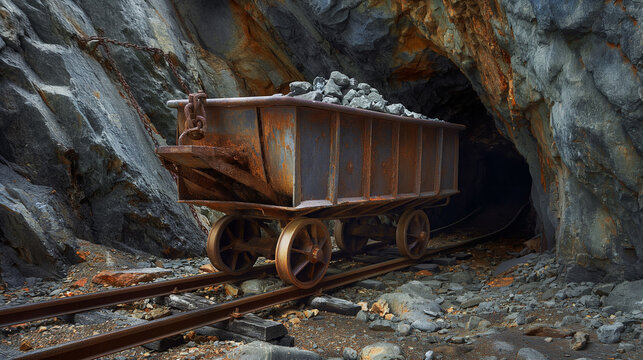 A silver mine tunnel with a mining cart on rails filled with shiny, glossy silver nuggets. refining of silver, prospecting concepts.	