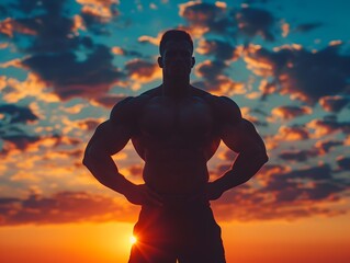Muscular Bodybuilder Silhouetted Against Stunning Sunset Sky