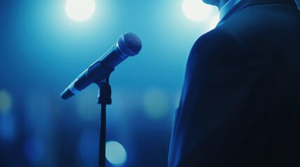 Obraz premium A microphone stands ready on stage, illuminated by vibrant blue lights, awaiting the next performer in a dynamic atmosphere.