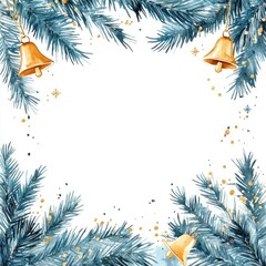 A beautiful holiday frame adorned with pine branches and golden bells, perfect for seasonal greetings and celebrations.
