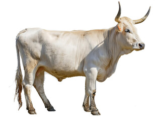 side view standing white horned cow isolated white background transparent png domestic animal