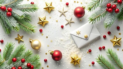 Festive holiday email template design featuring snowy evergreen trees, red ornaments, and golden stars on a white background with a classic Christmas feel.