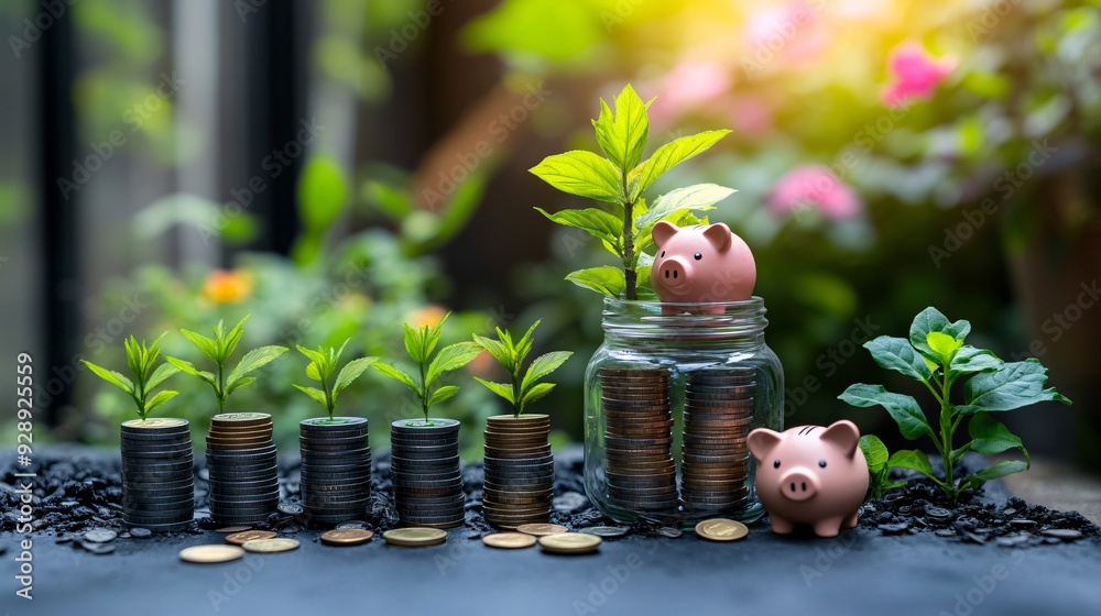 Poster an illustration showing the concept of saving money over time with a piggy bank growing into a large