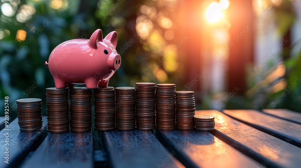 Poster an illustration showing the concept of saving money over time with a piggy bank growing into a large