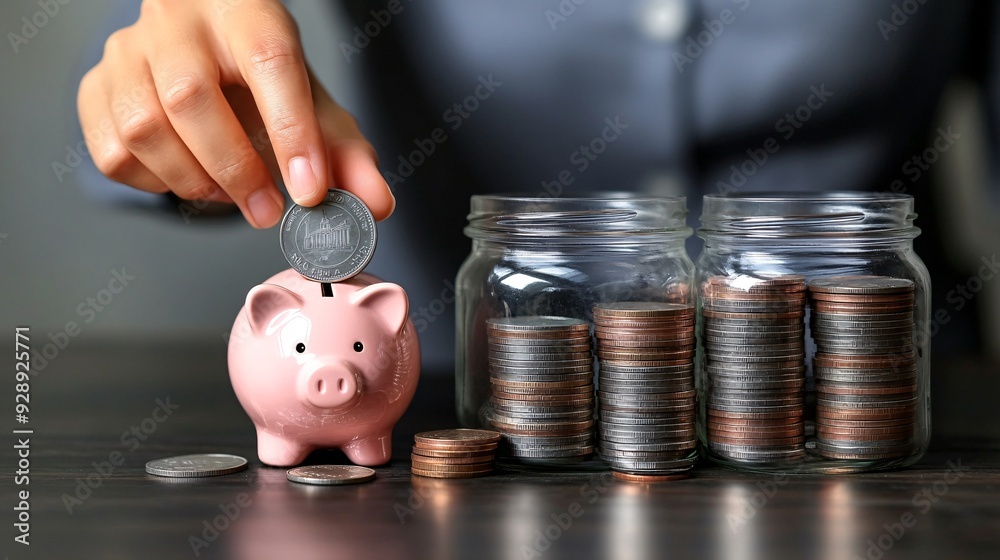Poster an illustration showing the concept of saving money over time with a piggy bank growing into a large