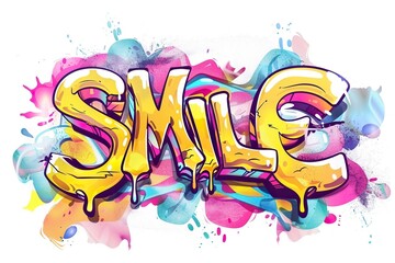 A graffiti style text featuring "SMILE" handwritten, with each letter in yellow color. Isolated on a white background with color splashes, animated illustrations, colorful animations,generative ai
