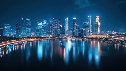 Obraz premium Nighttime cityscape reflecting lights on water with modern skyscrapers.