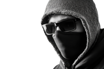 Mysterious person in a hoodie, sunglasses, and face mask in black and white, creating a secretive and enigmatic visual effect.