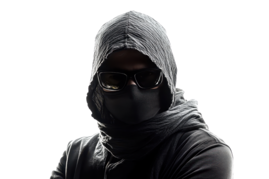 Mysterious hooded figure wearing sunglasses and face mask, isolated on transparent background. showcasing anonymity and secrecy.