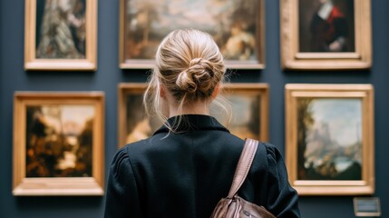 Woman viewing classical art in museum with blurred background