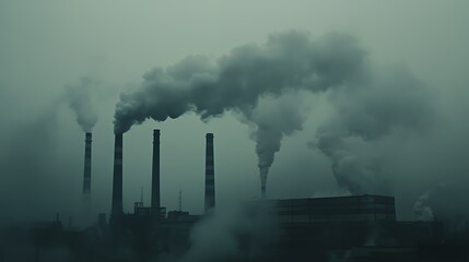 Obraz premium Tall industrial smokestacks spew thick smoke into the overcast sky, creating a hazy atmosphere.
