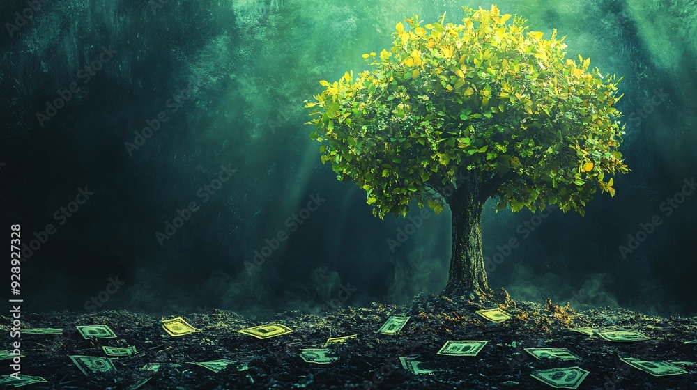 Poster an illustration of a financial tree with leaves representing various aspects of money literacy such 